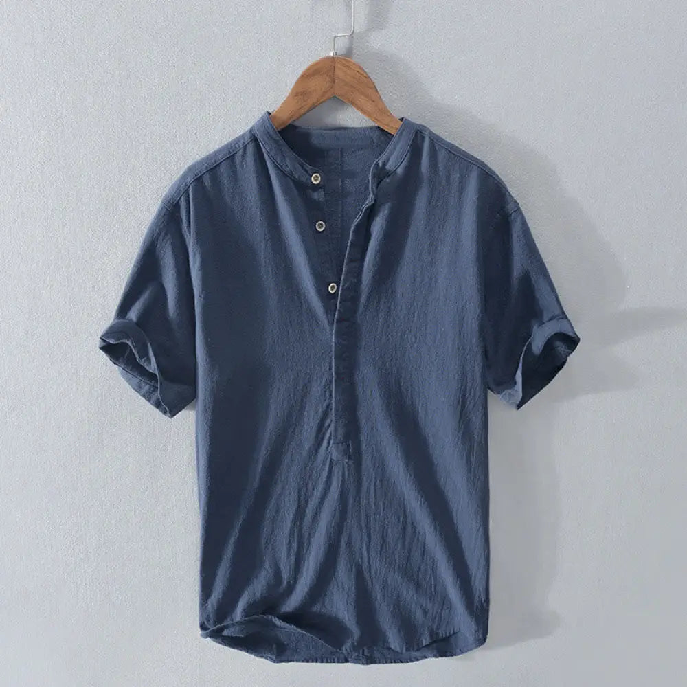 BWOOOH Solid Color Short Sleeve Half Button Shirt Cotton 