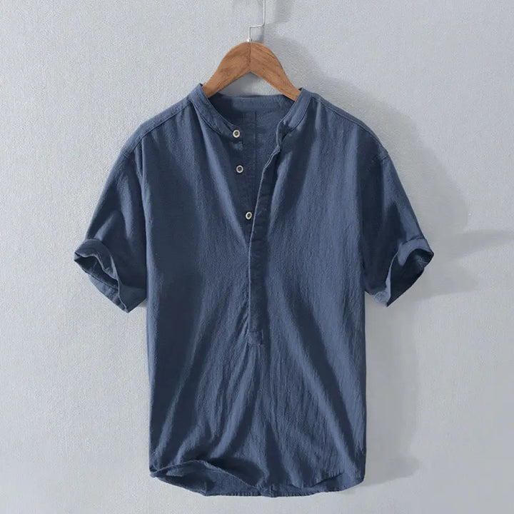 BWOOOH Solid Color Short Sleeve Half Button Shirt Cotton 
