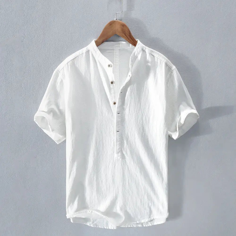 Buddha Stones Solid Color Short Sleeve Half Button Shirt Cotton Men Clothing - White / US/UK/AU36，EU46 (XL) - Men&