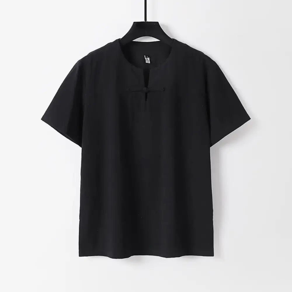 Buddha Stones Solid Color Short Sleeve One Frog Button Cotton Linen Men’s Shirt - Black / US/UK/AU36，EU46 (L) - Men’s