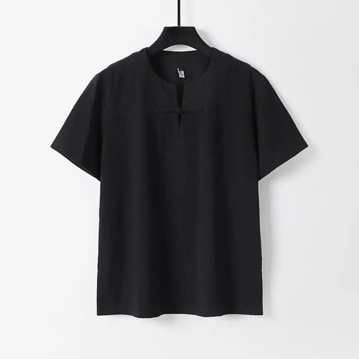 Buddha Stones Solid Color Short Sleeve One Frog Button Cotton Linen Men’s Shirt - Black / US/UK/AU36，EU46 (L) - Men’s