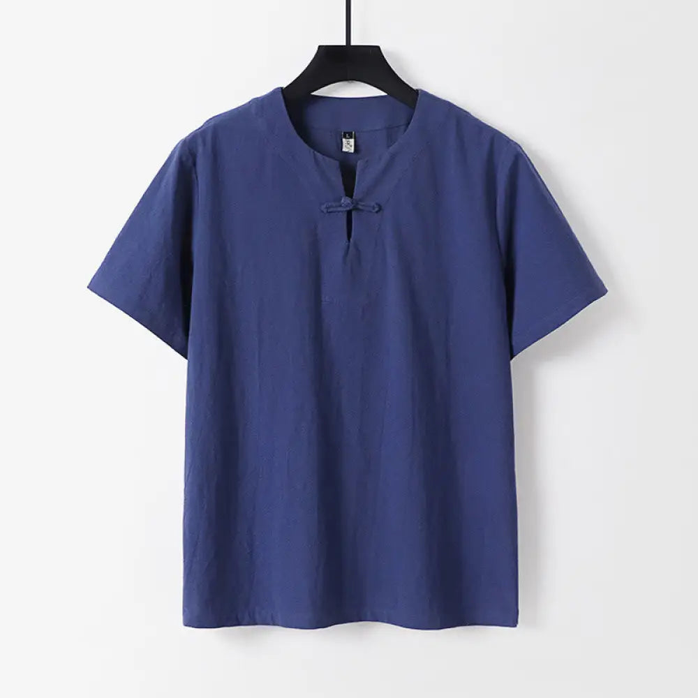 Buddha Stones Solid Color Short Sleeve One Frog Button Cotton Linen Men’s Shirt - DarkBlue / US/UK/AU36，EU46 (L)