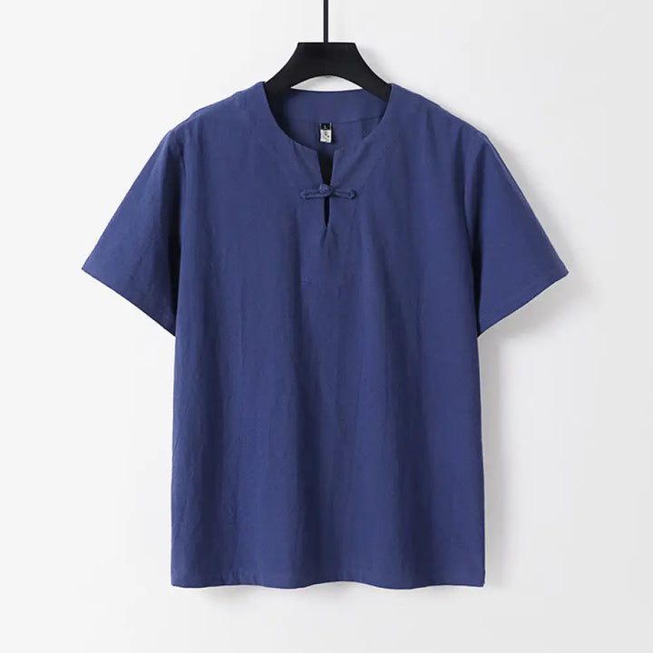 Buddha Stones Solid Color Short Sleeve One Frog Button Cotton Linen Men’s Shirt - DarkBlue / US/UK/AU36，EU46 (L)