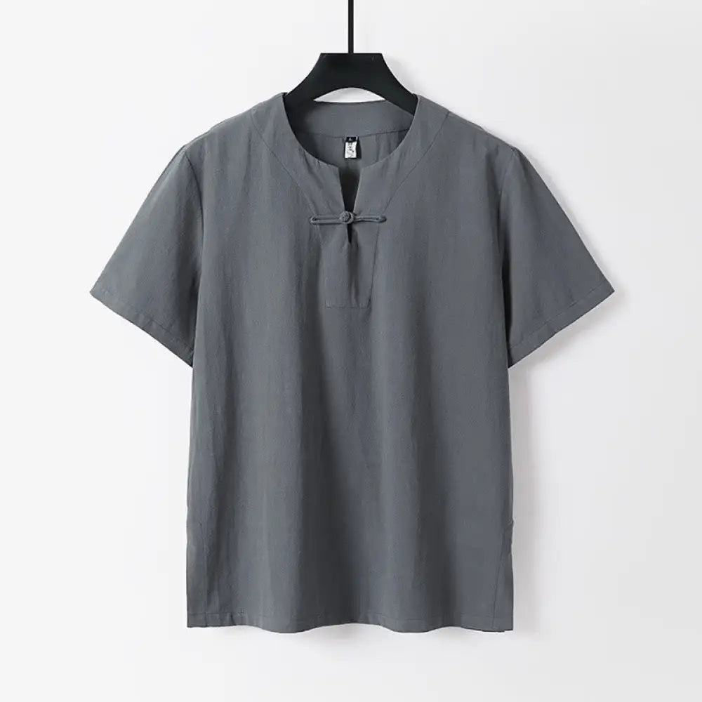 BWOOOH Solid Color Short Sleeve One Frog Button Cotton Li
