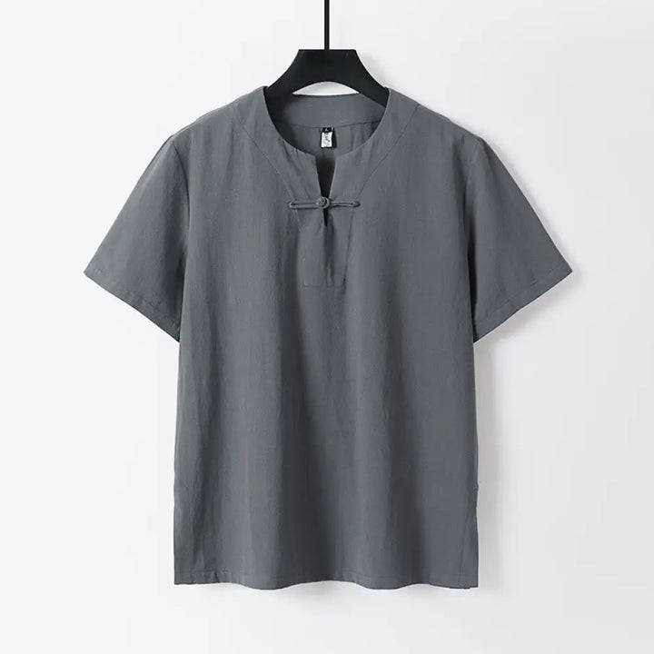 BWOOOH Solid Color Short Sleeve One Frog Button Cotton Li