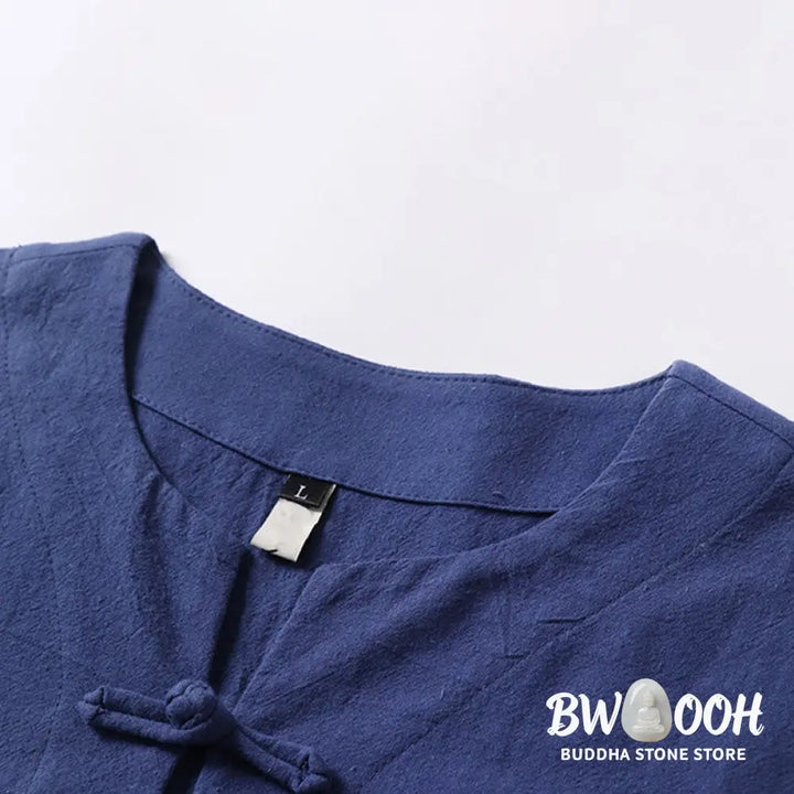 Buddha Stones Solid Color Short Sleeve One Frog Button Cotton Linen Men’s Shirt - Men’s Shirts