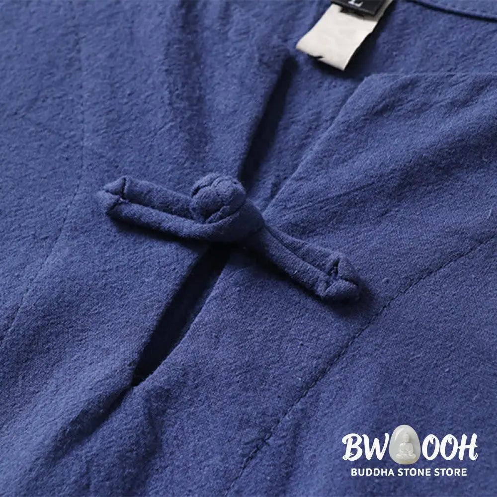 Buddha Stones Solid Color Short Sleeve One Frog Button Cotton Linen Men’s Shirt - Men’s Shirts