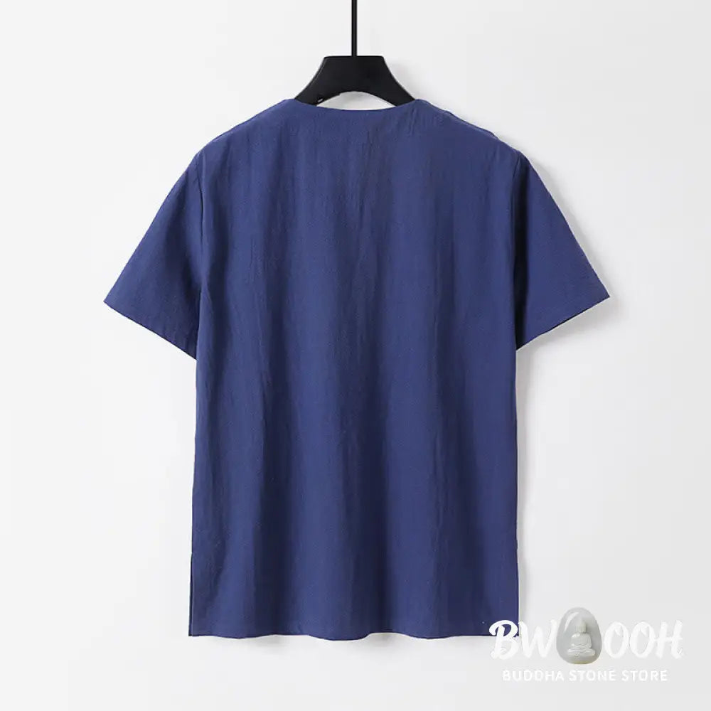 Buddha Stones Solid Color Short Sleeve One Frog Button Cotton Linen Men’s Shirt - Men’s Shirts