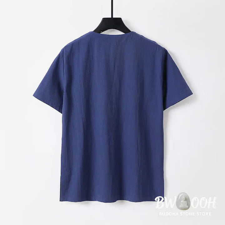 Buddha Stones Solid Color Short Sleeve One Frog Button Cotton Linen Men’s Shirt - Men’s Shirts