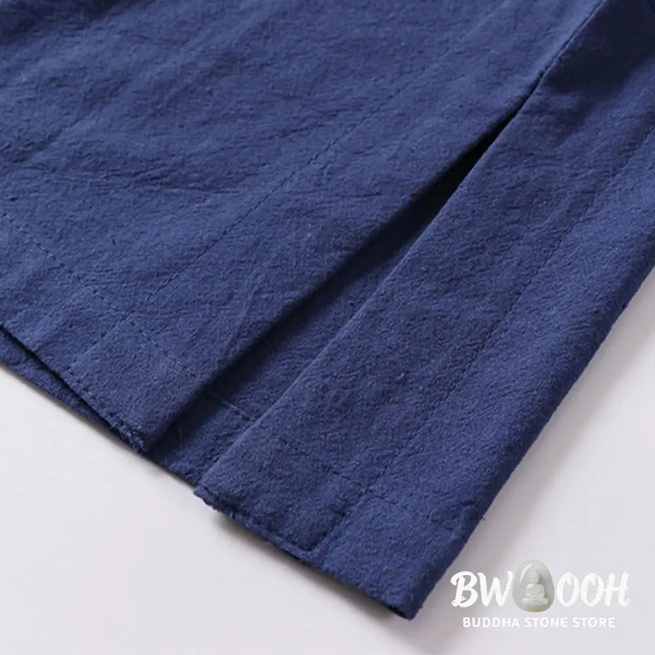 Buddha Stones Solid Color Short Sleeve One Frog Button Cotton Linen Men’s Shirt - Men’s Shirts