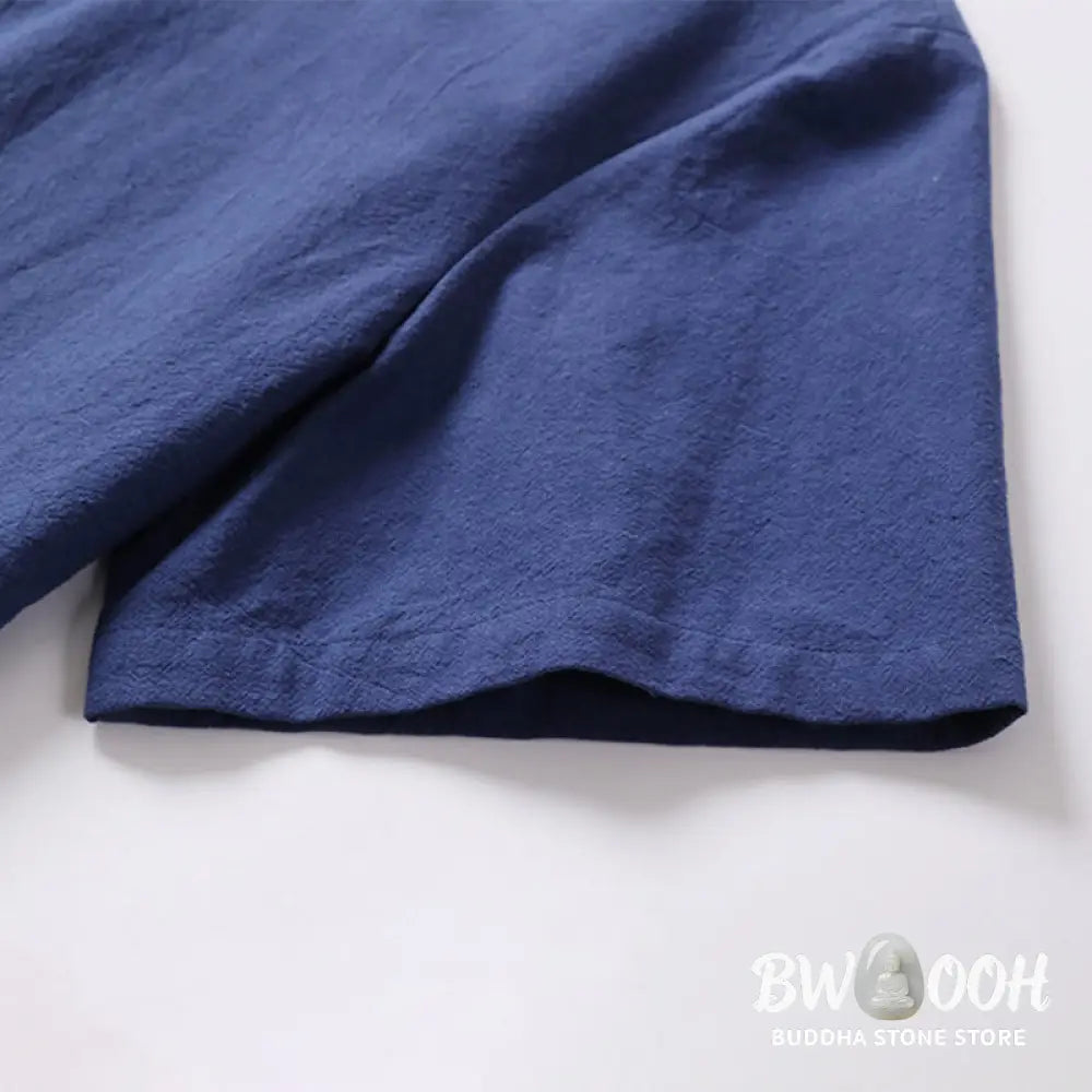 Buddha Stones Solid Color Short Sleeve One Frog Button Cotton Linen Men’s Shirt - Men’s Shirts