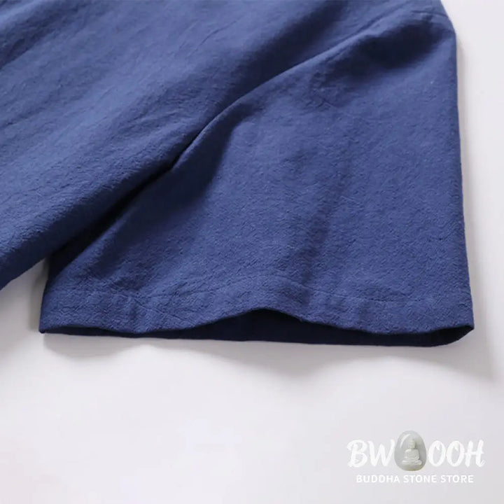 Buddha Stones Solid Color Short Sleeve One Frog Button Cotton Linen Men’s Shirt - Men’s Shirts