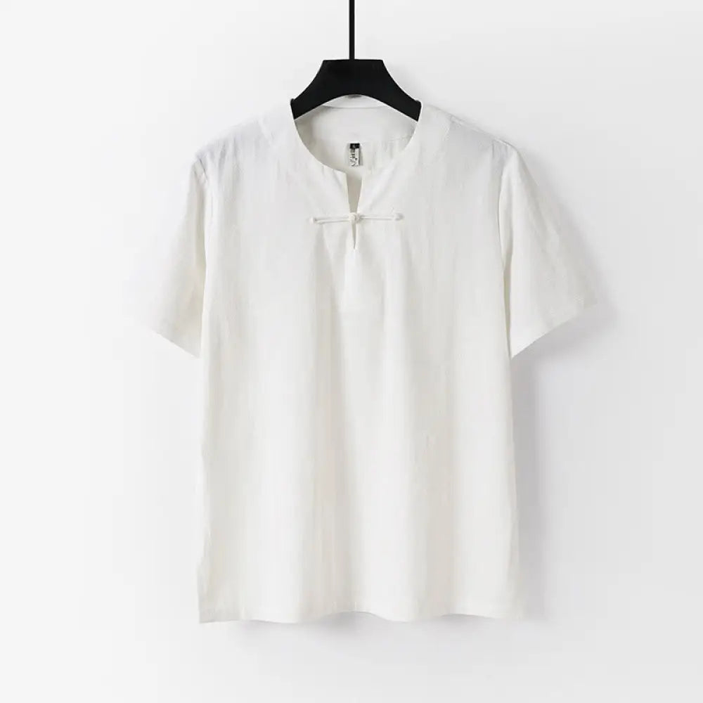 Buddha Stones Solid Color Short Sleeve One Frog Button Cotton Linen Men’s Shirt - White / US/UK/AU36，EU46 (L) - Men’s