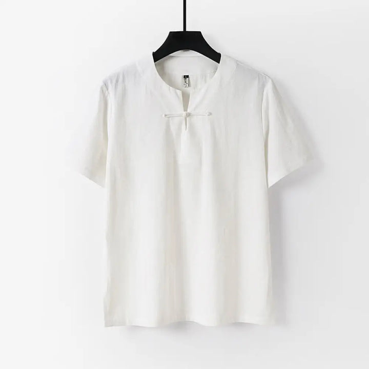 Buddha Stones Solid Color Short Sleeve One Frog Button Cotton Linen Men’s Shirt - White / US/UK/AU36，EU46 (L) - Men’s