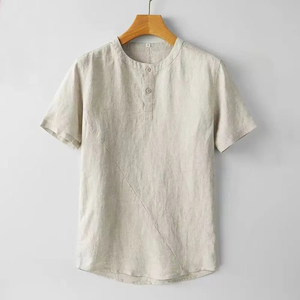 Buddha Stones Solid Color Short Sleeve Two Top Buttons Cotton Linen Men’s Shirt - Beige / US/UK/AU36，EU46 (L) - Men’s