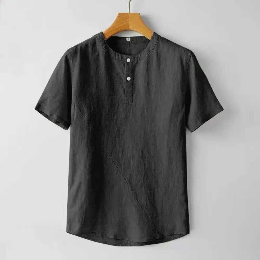 Buddha Stones Solid Color Short Sleeve Two Top Buttons Cotton Linen Men’s Shirt - Black / US/UK/AU36，EU46 (L) - Men’s