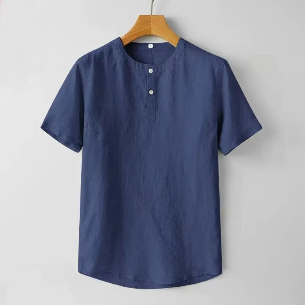 BWOOOH Solid Color Short Sleeve Two Top Buttons Cotton Li