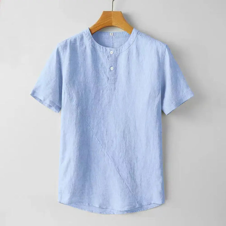 Buddha Stones Solid Color Short Sleeve Two Top Buttons Cotton Linen Men’s Shirt - LightSkyBlue / US/UK/AU36，EU46 (L)