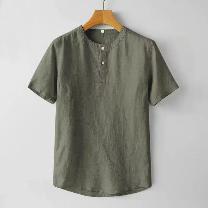 Buddha Stones Solid Color Short Sleeve Two Top Buttons Cotton Linen Men’s Shirt - Olive / US/UK/AU36，EU46 (L) - Men’s