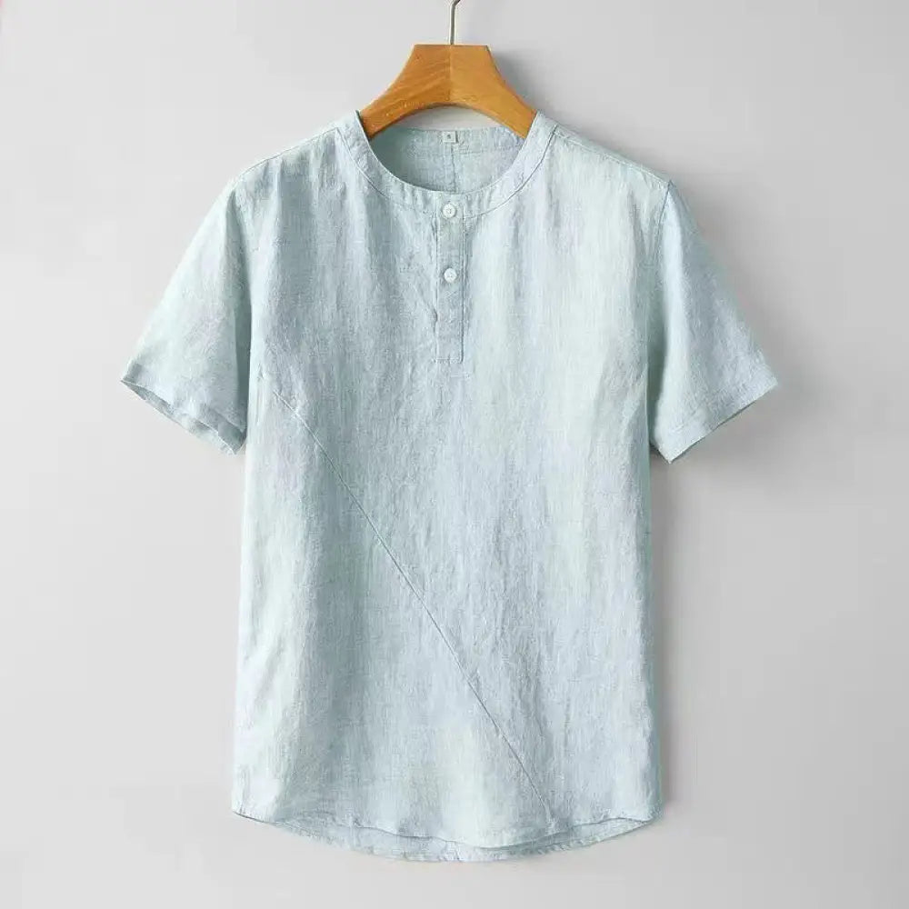 Buddha Stones Solid Color Short Sleeve Two Top Buttons Cotton Linen Men’s Shirt - PaleTurquoise / US/UK/AU36，EU46 (L)