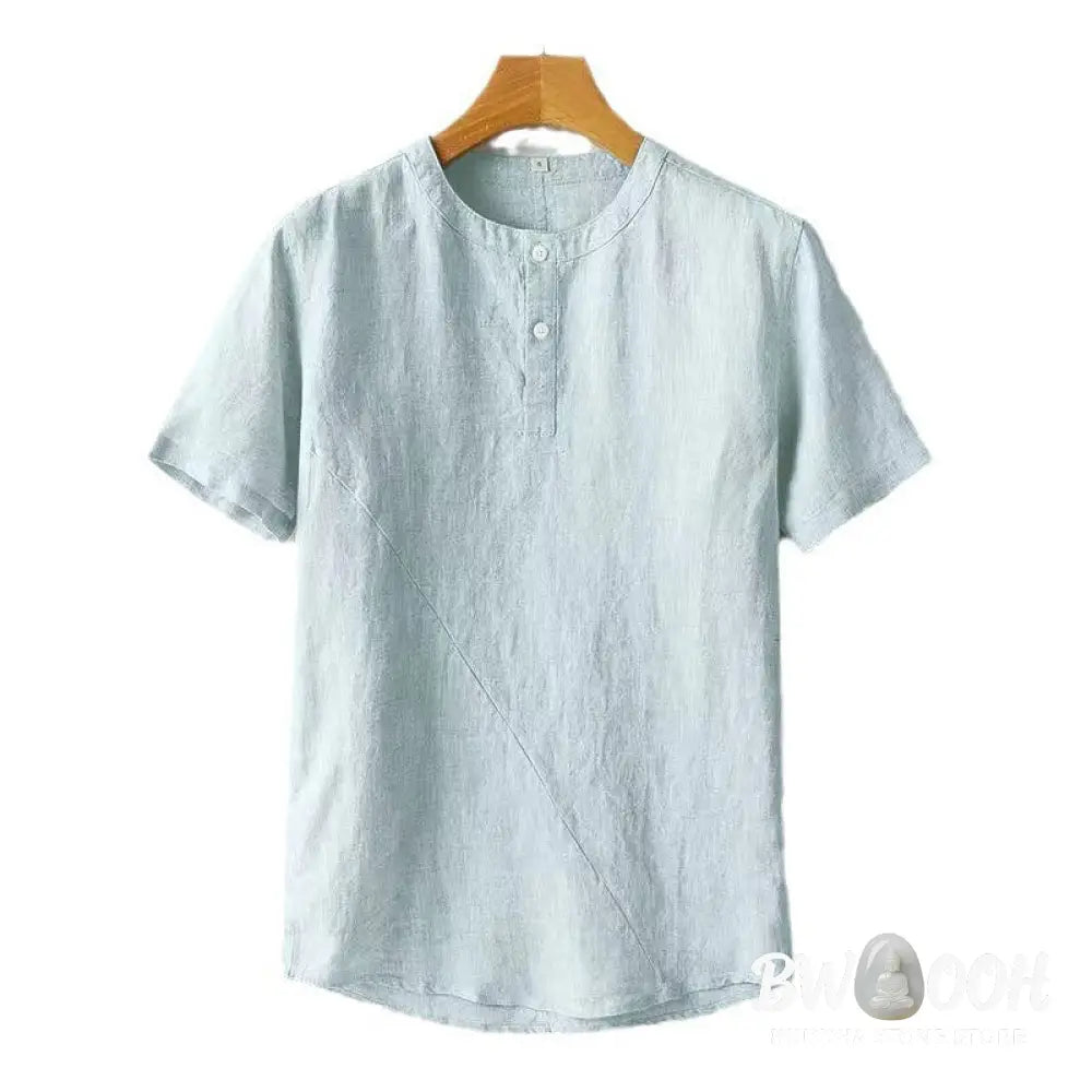Buddha Stones Solid Color Short Sleeve Two Top Buttons Cotton Linen Men’s Shirt - Men’s Shirts