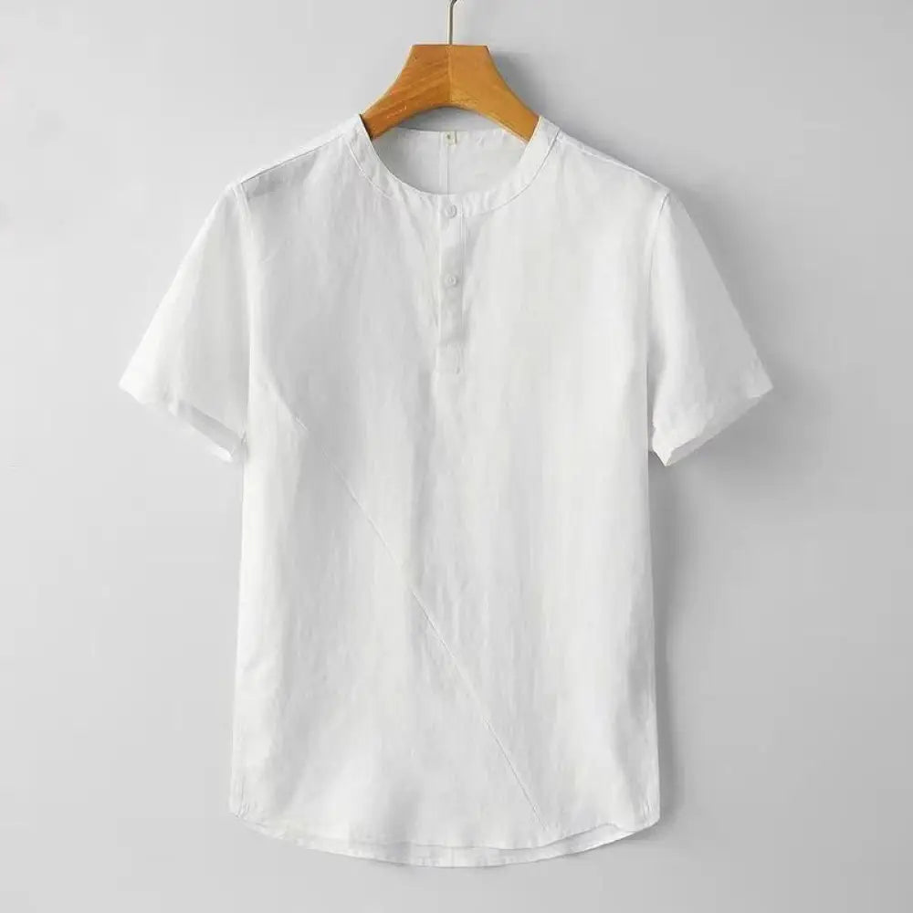 Buddha Stones Solid Color Short Sleeve Two Top Buttons Cotton Linen Men’s Shirt - White / US/UK/AU36，EU46 (L) - Men’s