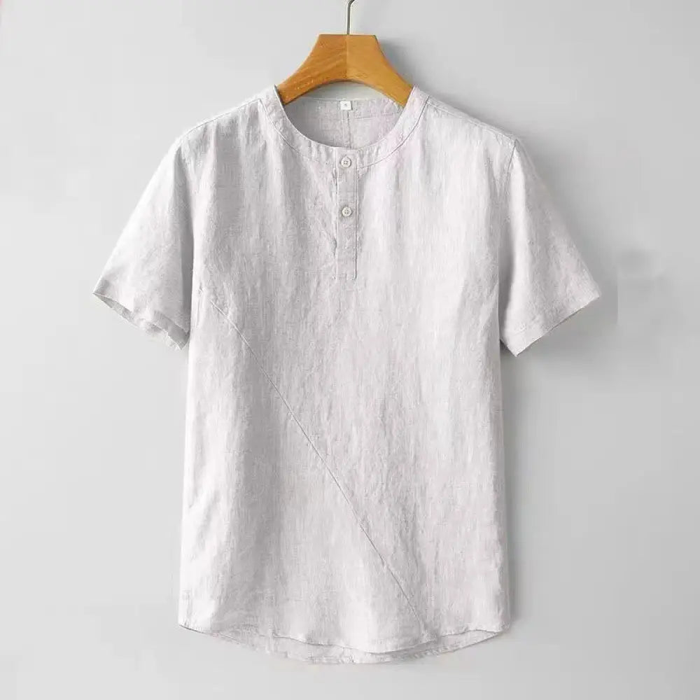 Buddha Stones Solid Color Short Sleeve Two Top Buttons Cotton Linen Men’s Shirt - WhiteSmoke / US/UK/AU36，EU46 (L)