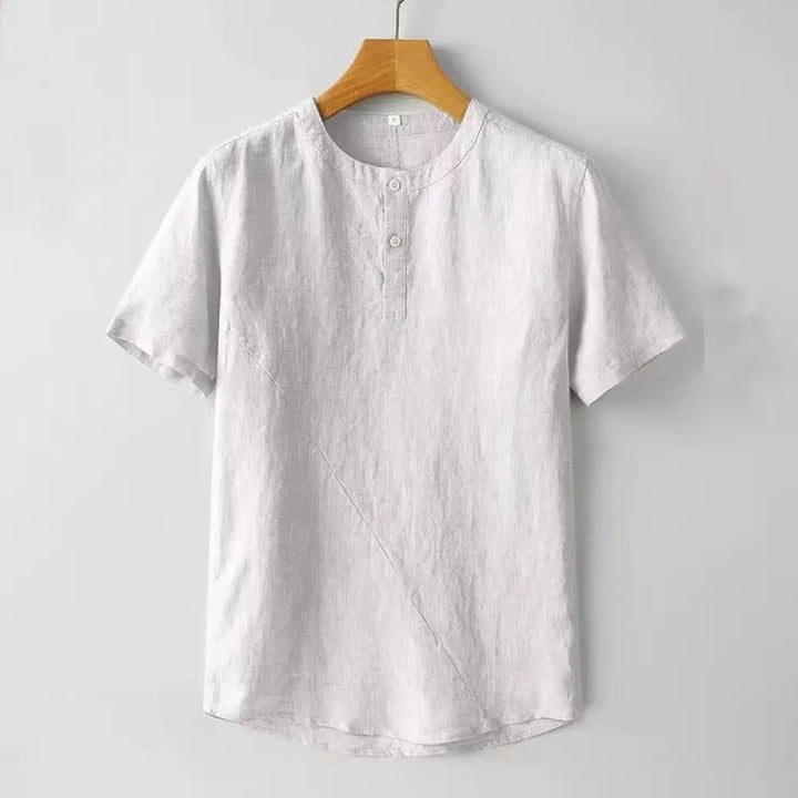 Buddha Stones Solid Color Short Sleeve Two Top Buttons Cotton Linen Men’s Shirt - WhiteSmoke / US/UK/AU36，EU46 (L)
