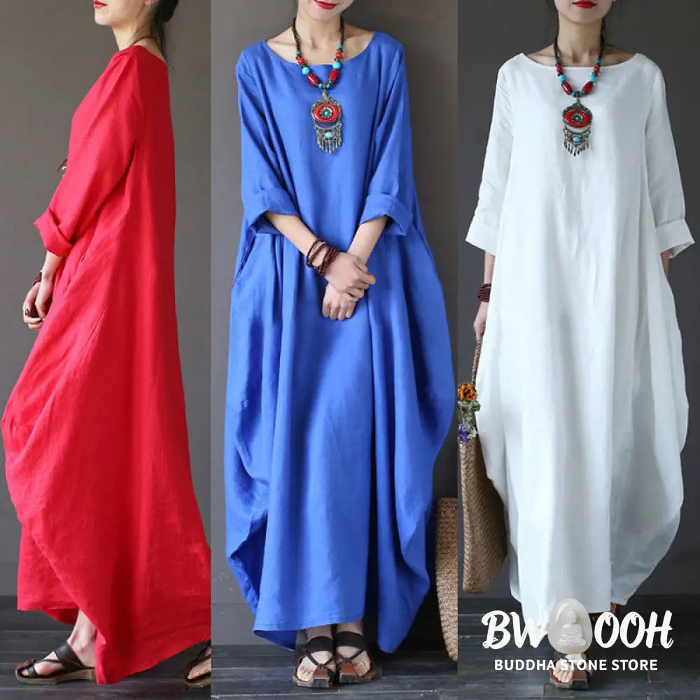 Buddha Stones Solid Color Three Quarter Sleeve Cotton Women’s Maxi Dress - Maxi Dress
