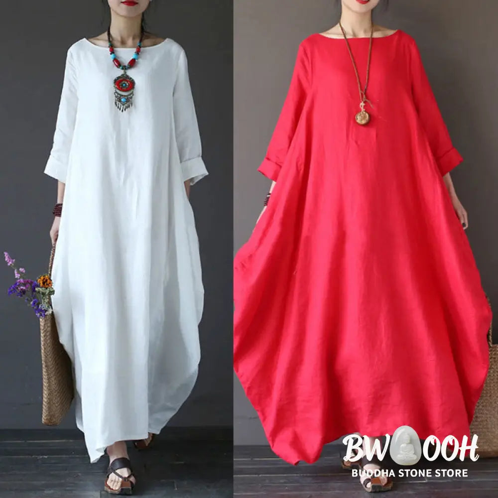 Buddha Stones Solid Color Three Quarter Sleeve Cotton Women’s Maxi Dress - Maxi Dress