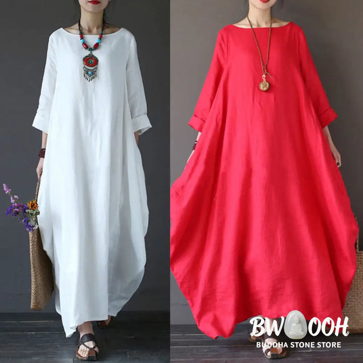Buddha Stones Solid Color Three Quarter Sleeve Cotton Women’s Maxi Dress - Maxi Dress