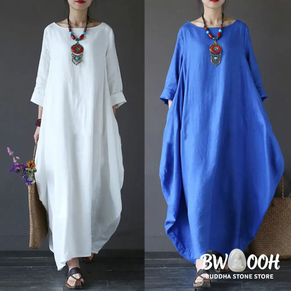 Buddha Stones Solid Color Three Quarter Sleeve Cotton Women’s Maxi Dress - Maxi Dress