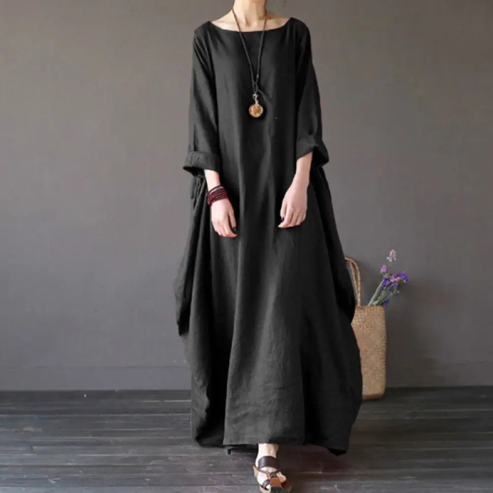 Buddha Stones Solid Color Three Quarter Sleeve Cotton Women’s Maxi Dress - Black / US4，UK/AU8，EU36 (L) - Maxi Dress