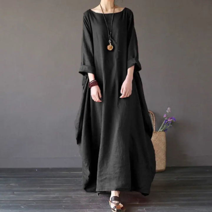 Buddha Stones Solid Color Three Quarter Sleeve Cotton Women’s Maxi Dress - Black / US4，UK/AU8，EU36 (L) - Maxi Dress
