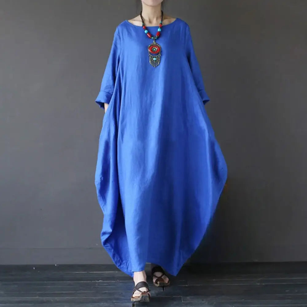 Buddha Stones Solid Color Three Quarter Sleeve Cotton Women’s Maxi Dress - Blue / US4，UK/AU8，EU36 (L) - Maxi Dress