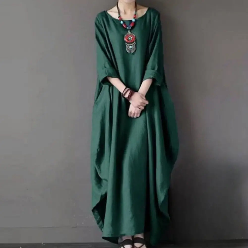 Buddha Stones Solid Color Three Quarter Sleeve Cotton Women’s Maxi Dress - DarkGreen / US4，UK/AU8，EU36 (L) - Maxi Dress