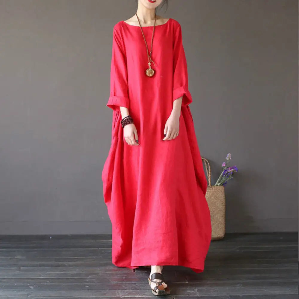 Buddha Stones Solid Color Three Quarter Sleeve Cotton Women’s Maxi Dress - Red / US4，UK/AU8，EU36 (L) - Maxi Dress