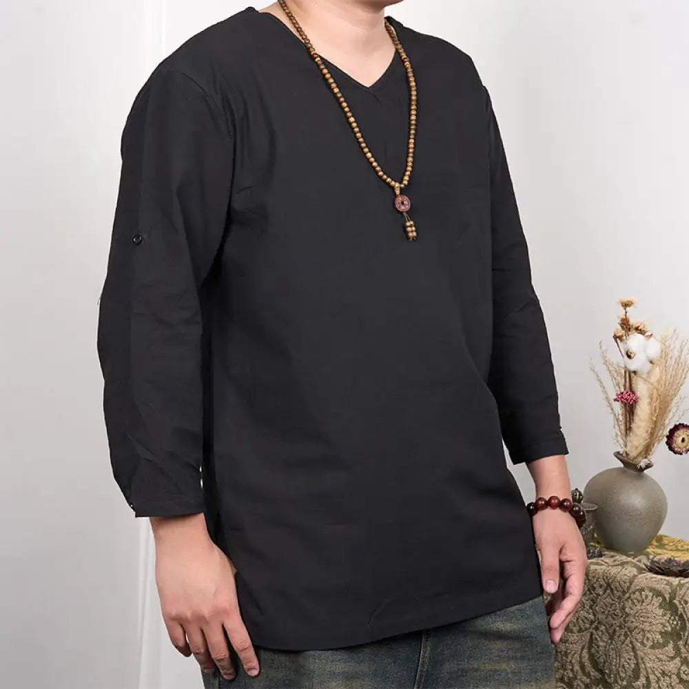 Buddha Stones Solid Color Three Quarter Sleeve Men’s T-shirt - Black / US/UK/AU38，EU48 (M) - Men’s T-Shirts