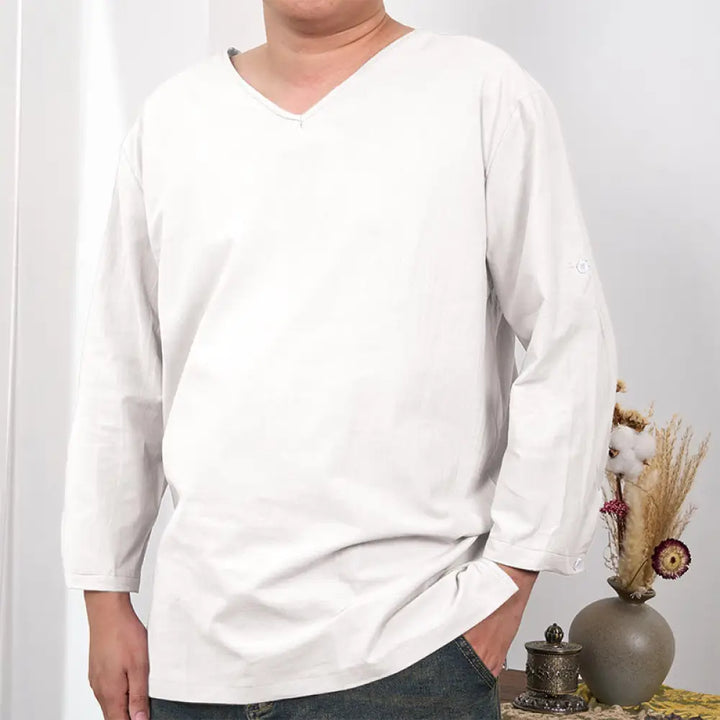 Buddha Stones Solid Color Three Quarter Sleeve Men’s T-shirt - Linen / US/UK/AU38，EU48 (M) - Men’s T-Shirts