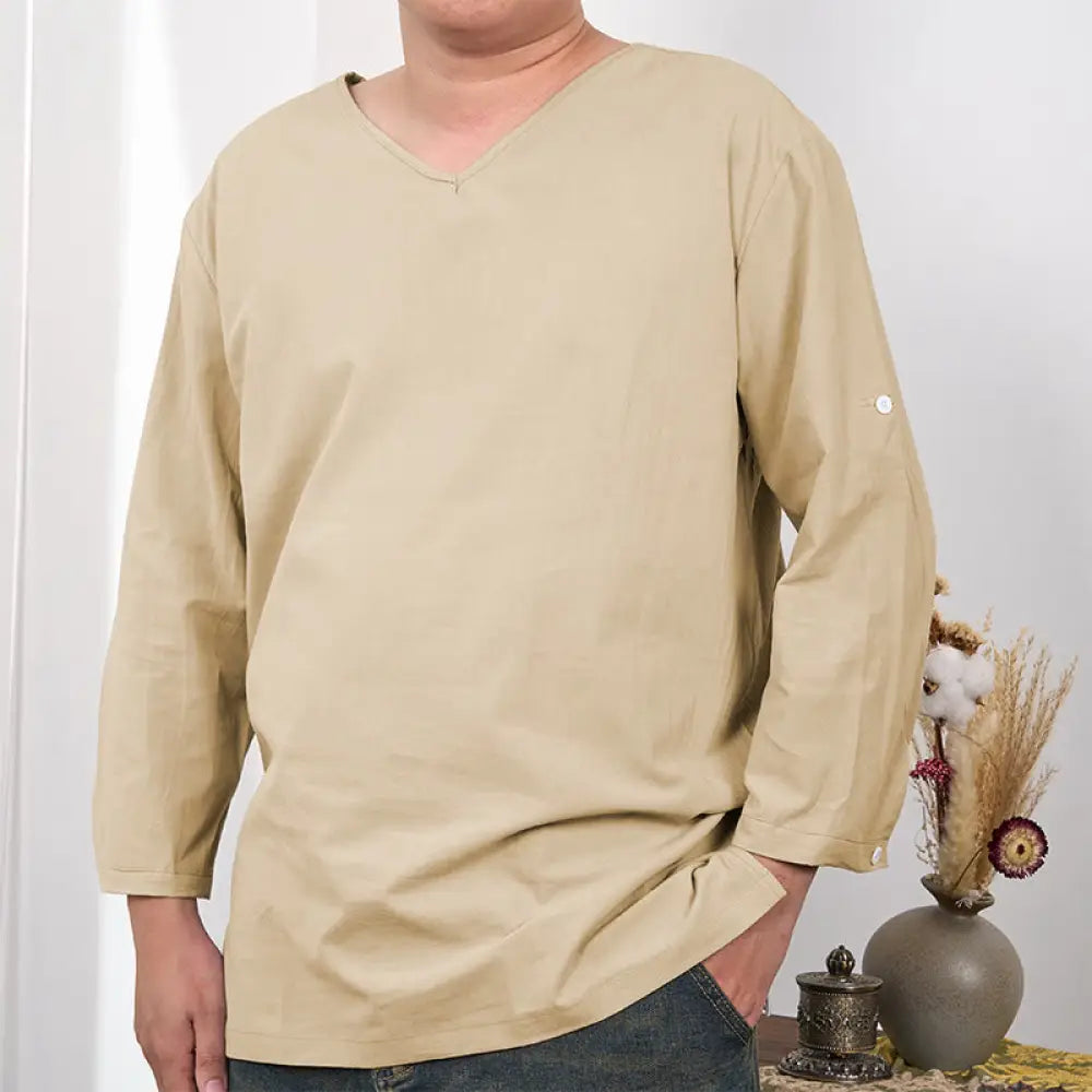 Buddha Stones Solid Color Three Quarter Sleeve Men’s T-shirt - Moccasin / US/UK/AU38，EU48 (M) - Men’s T-Shirts