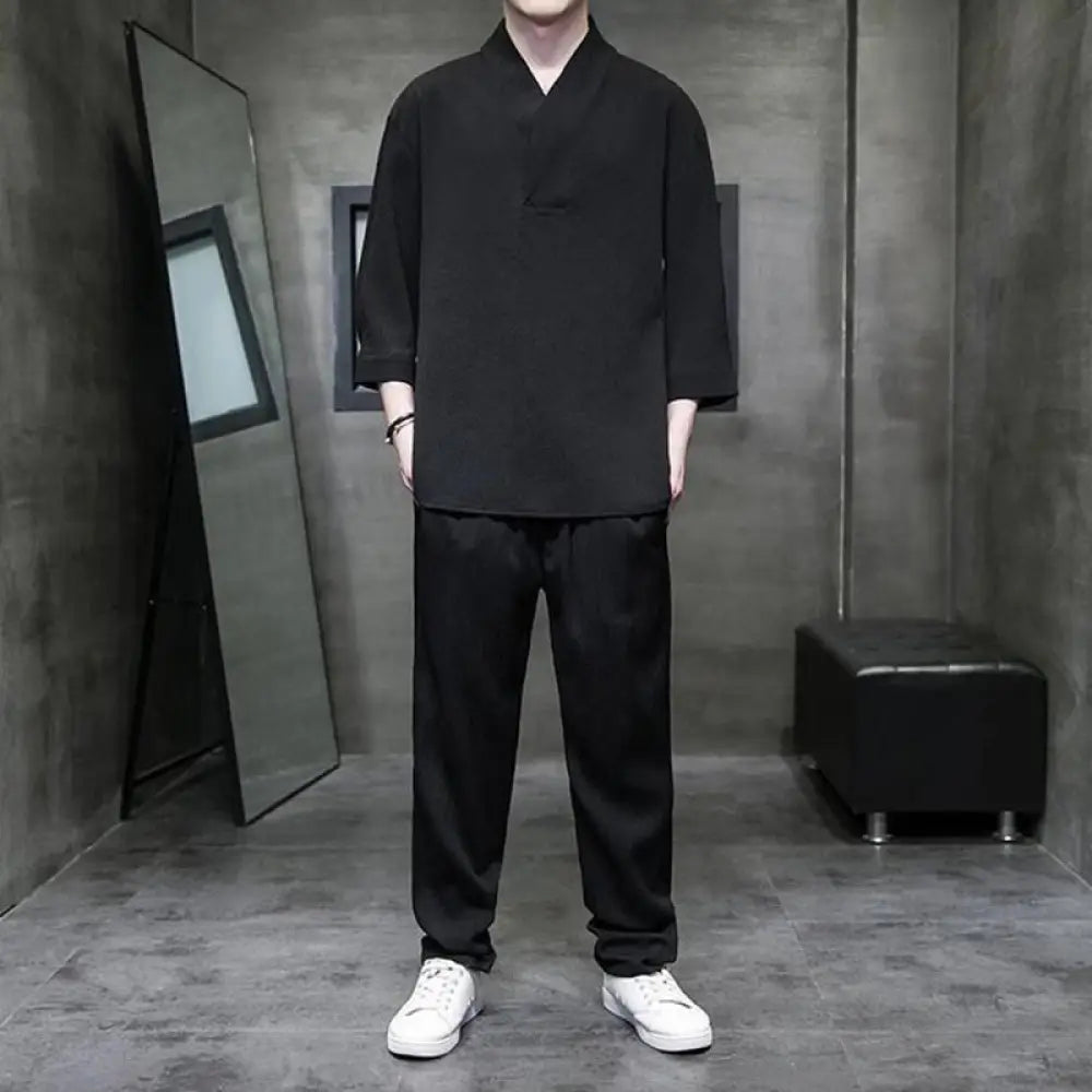 Buddha Stones Solid Color Three Quarter Sleeve Shirt Casual Pants Clothing Men’s Set - Black / US/UK/AU34，EU44 (M)