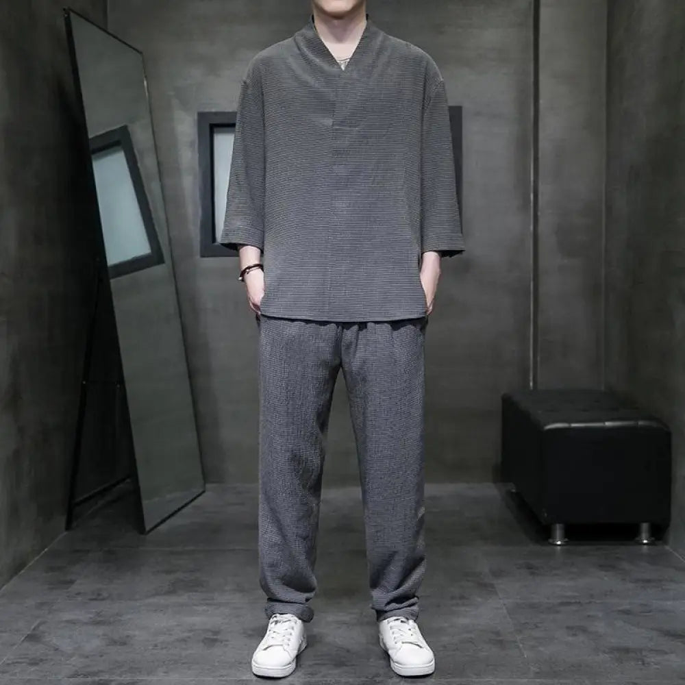 Buddha Stones Solid Color Three Quarter Sleeve Shirt Casual Pants Clothing Men’s Set - DimGray / US/UK/AU34，EU44 (M)