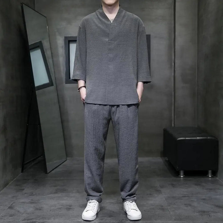 Buddha Stones Solid Color Three Quarter Sleeve Shirt Casual Pants Clothing Men’s Set - DimGray / US/UK/AU34，EU44 (M)