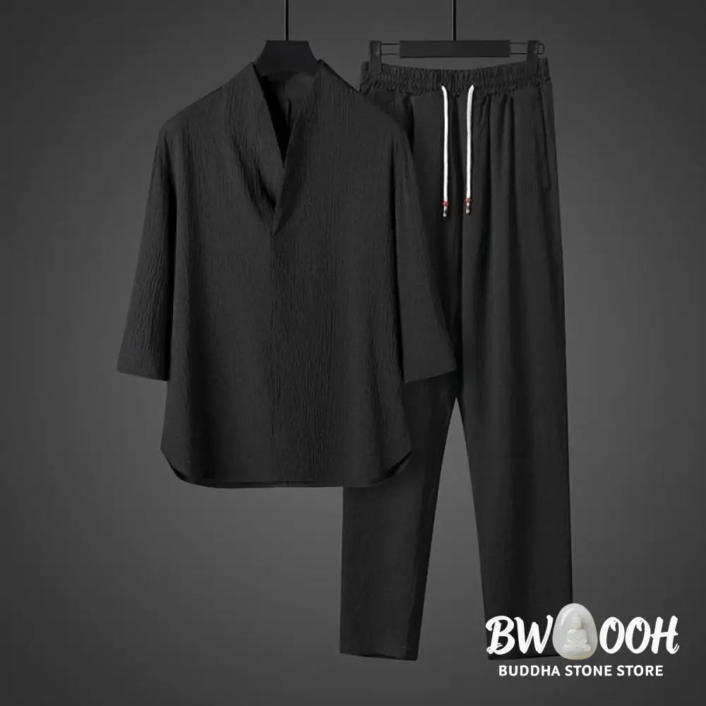 Buddha Stones Solid Color Three Quarter Sleeve Shirt Casual Pants Clothing Men’s Set - Men’s Meditation Cloth