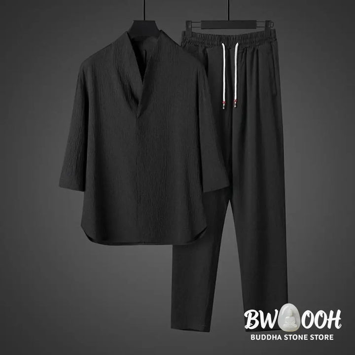 Buddha Stones Solid Color Three Quarter Sleeve Shirt Casual Pants Clothing Men’s Set - Men’s Meditation Cloth