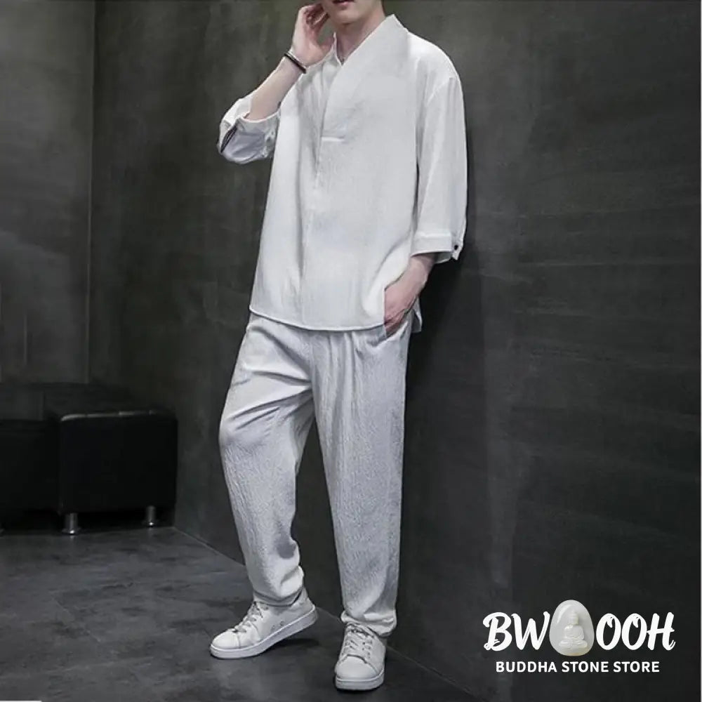 Buddha Stones Solid Color Three Quarter Sleeve Shirt Casual Pants Clothing Men’s Set - Men’s Meditation Cloth