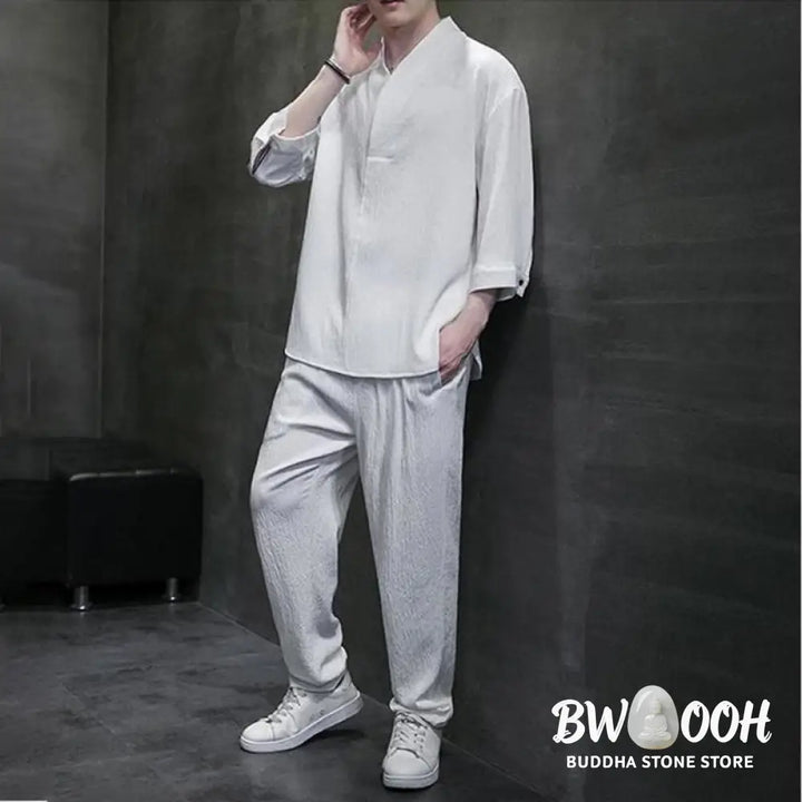 Buddha Stones Solid Color Three Quarter Sleeve Shirt Casual Pants Clothing Men’s Set - Men’s Meditation Cloth