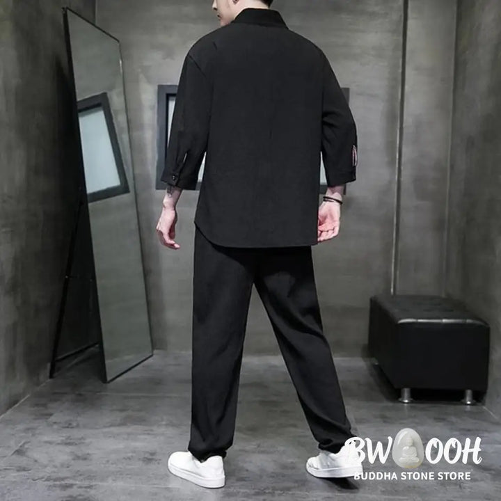 Buddha Stones Solid Color Three Quarter Sleeve Shirt Casual Pants Clothing Men’s Set - Men’s Meditation Cloth