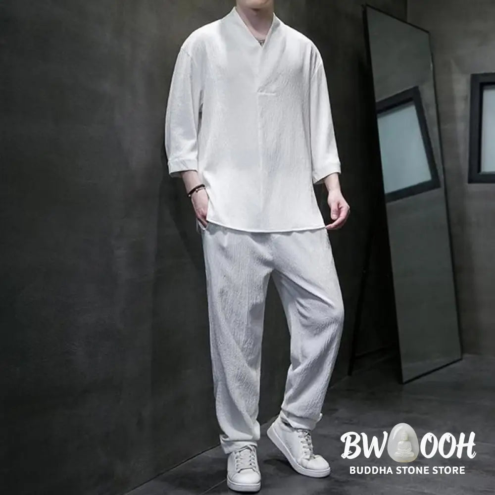 Buddha Stones Solid Color Three Quarter Sleeve Shirt Casual Pants Clothing Men’s Set - Men’s Meditation Cloth