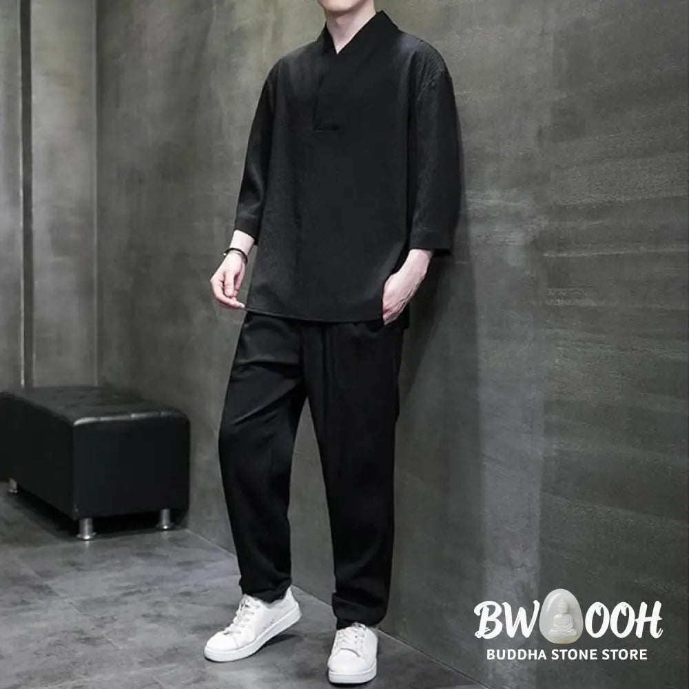 Buddha Stones Solid Color Three Quarter Sleeve Shirt Casual Pants Clothing Men’s Set - Men’s Meditation Cloth